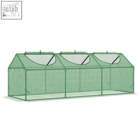 Outsunny mini greenhouse with green plastic cover and three arched hinged observation windows for small plants