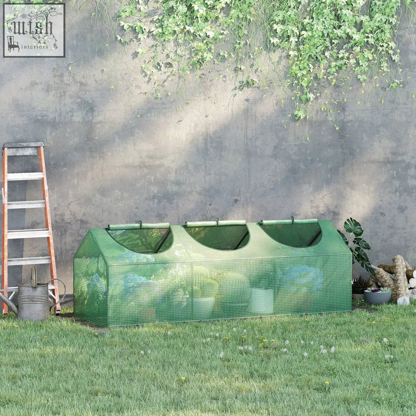 Outsunny mini greenhouse with 10cm extended green plastic cover and arched openings for outdoor plant growing