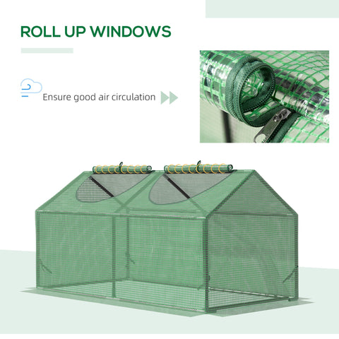Outsunny mini greenhouse with green plastic cover mesh, zipper closure, and 10cm extended transparent panels for outdoor use