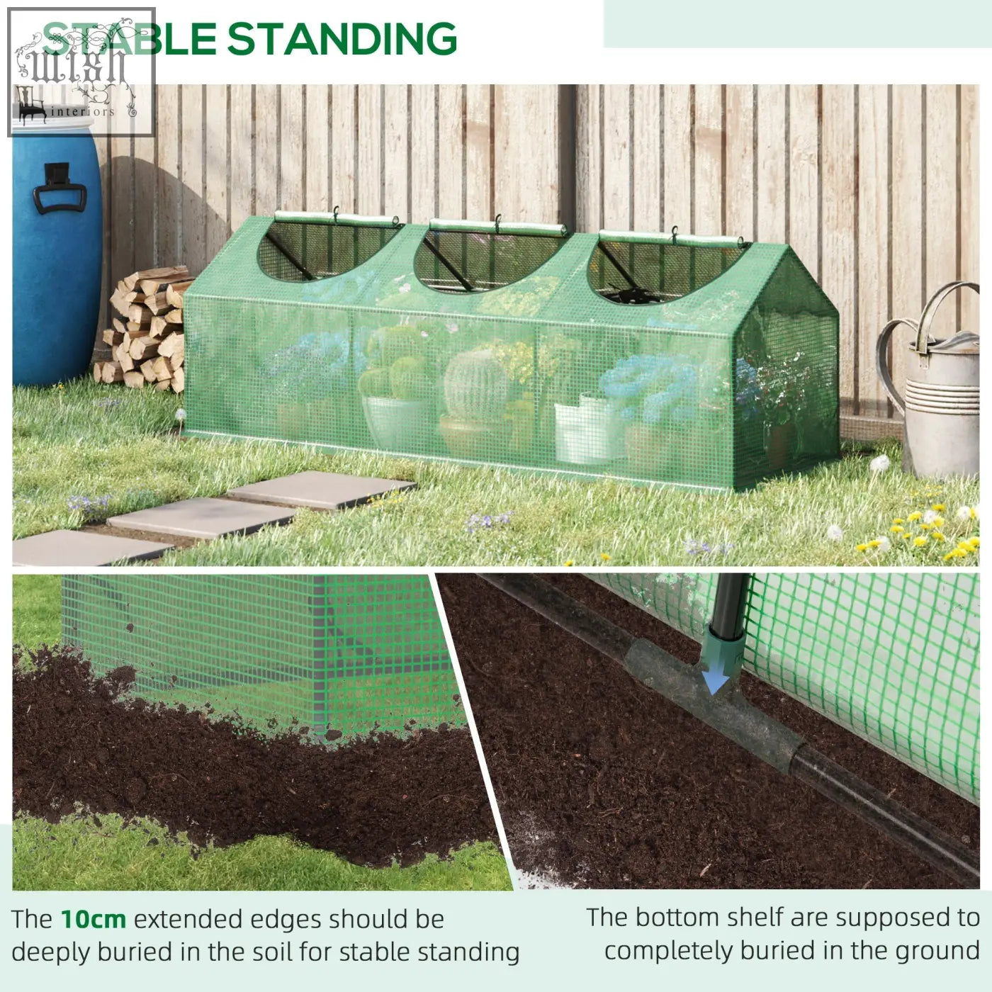 Outsunny mini greenhouse with green plastic cover and three arched openings for stable outdoor plant growing