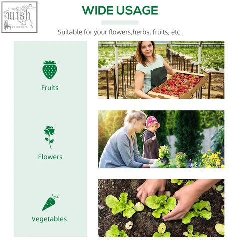 Wooden crate with fresh strawberries beside a green outsunny mini greenhouse with durable plastic cover and observation windows