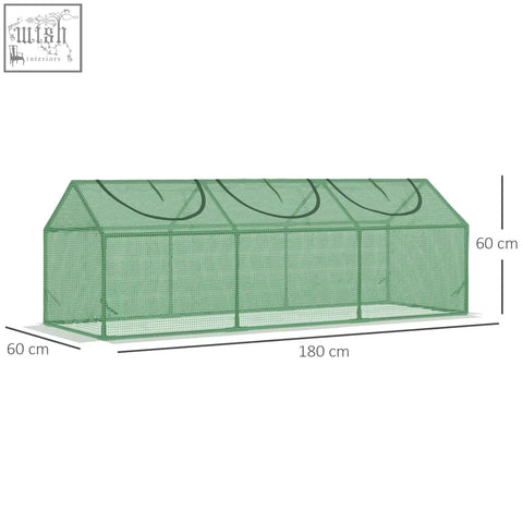Green mesh mini greenhouse with durable plastic cover and three circular openings for outdoor plant growth