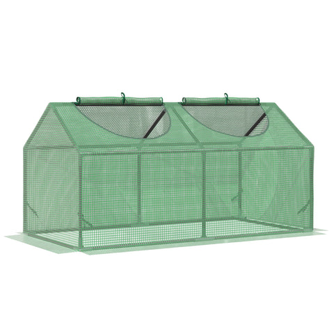 Green outsunny mini greenhouse with durable plastic cover, two arched roll-up windows, perfect for small plant growing