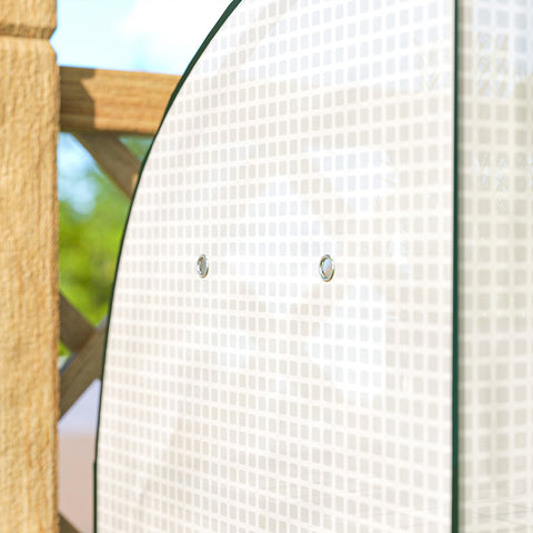 Curved white mosaic-tiled mirror with black frame and silver screws shown with outsunny mini greenhouse steel frame close-up
