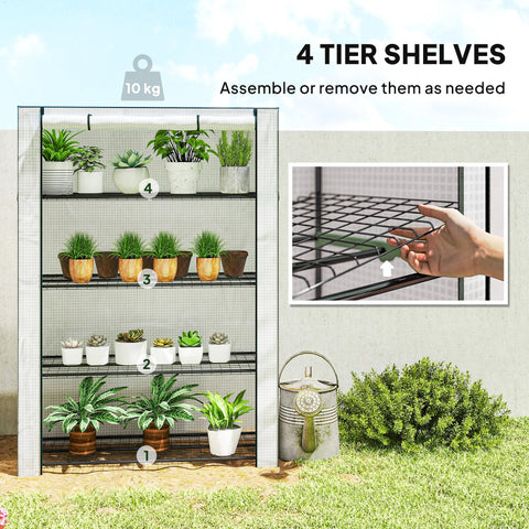 Black metal outsunny mini greenhouse with four movable tier shelves and white mesh sides on steel frame
