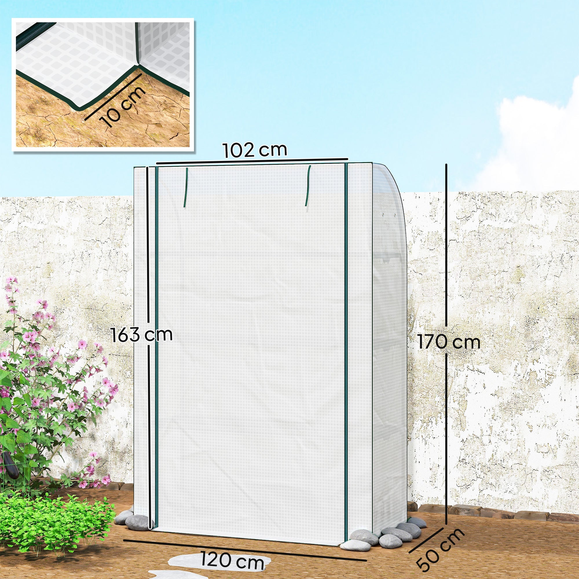 Outsunny mini greenhouse with white mesh reinforced pe cover steel frame and four movable panels 102x170cm