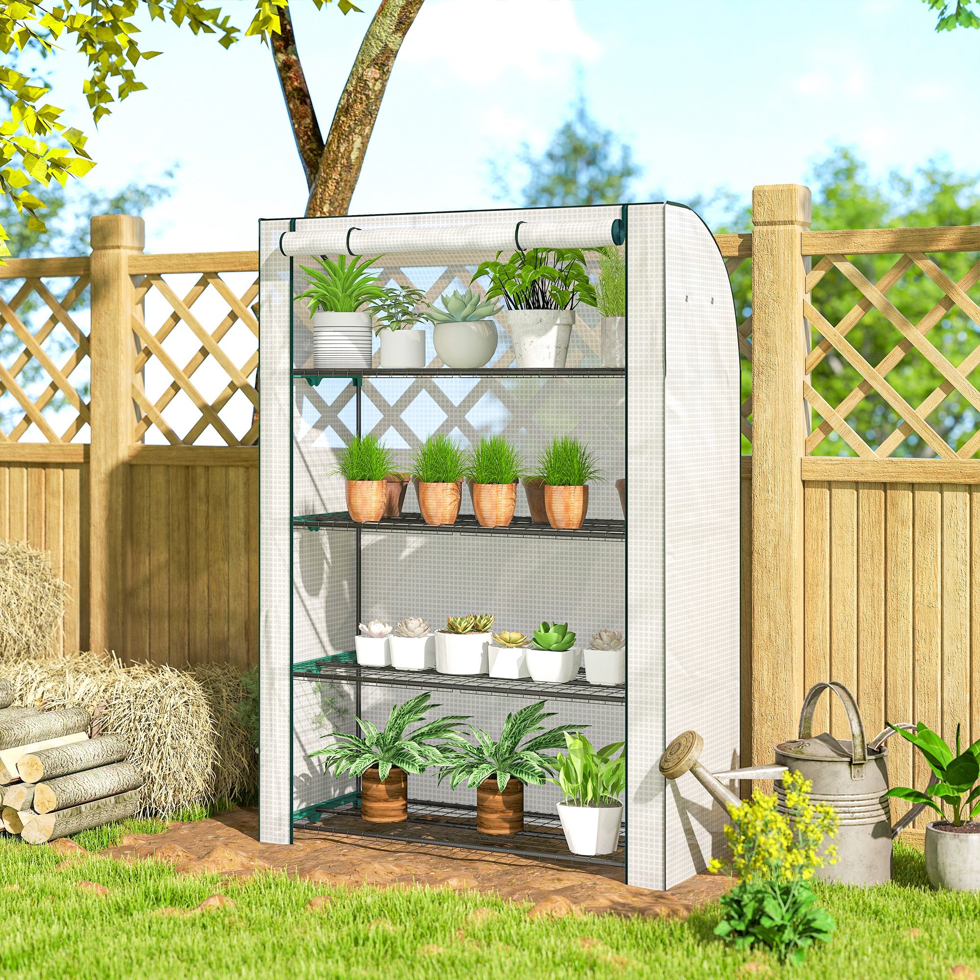 Outsunny mini greenhouse with white mesh and steel frame, black metal shelves, and four movable pots inside