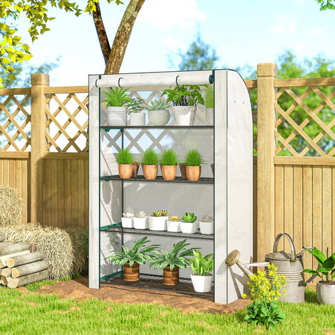 Outsunny mini greenhouse with white mesh and steel frame, black metal shelves, and four movable pots inside