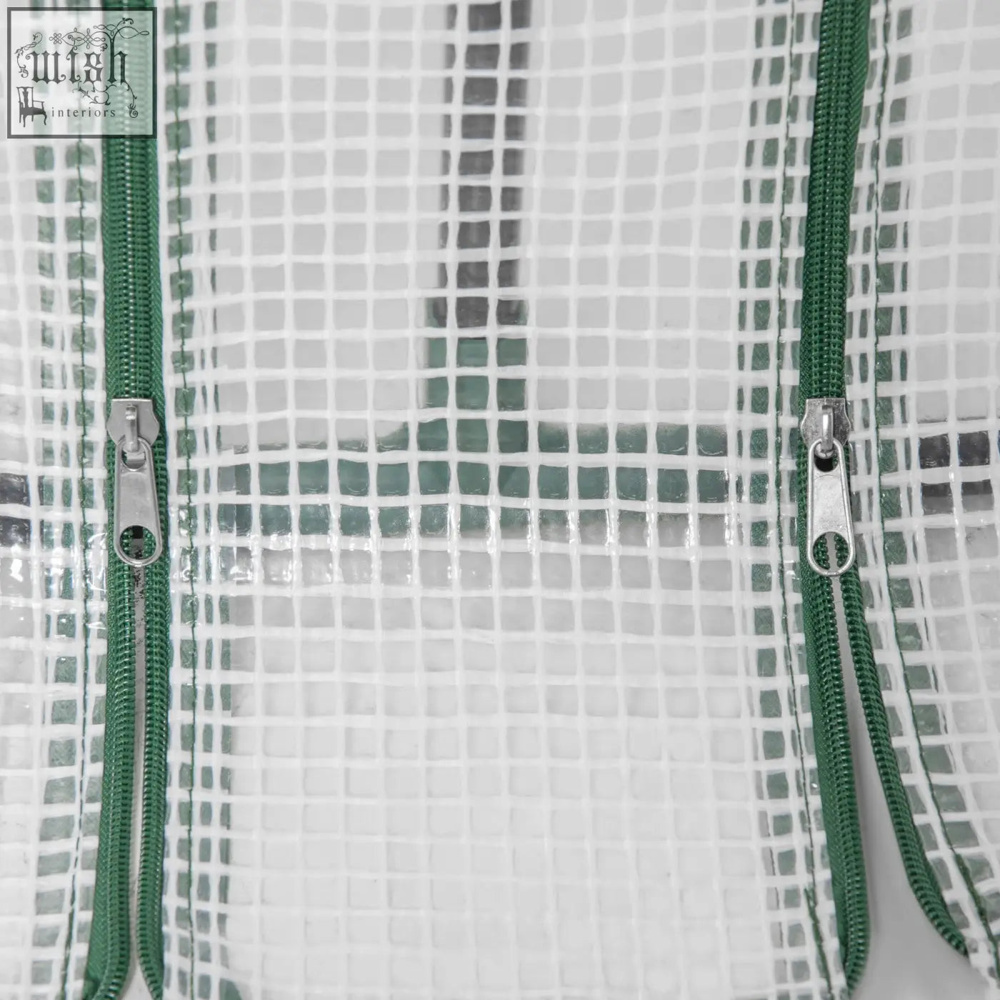 Transparent white plastic mesh cover mini greenhouse with green zipper pulls and steel frame for plants and vegetables