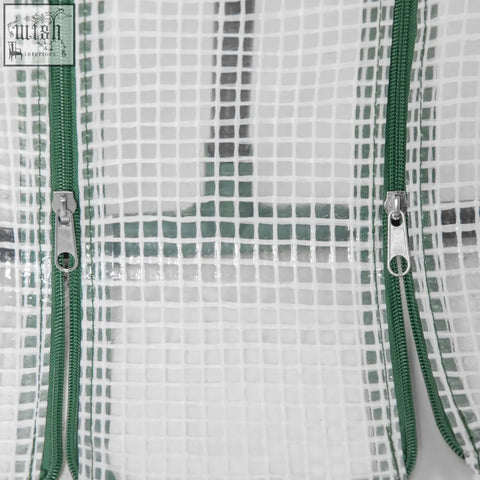 Transparent white plastic mesh cover mini greenhouse with green zipper pulls and steel frame for plants and vegetables
