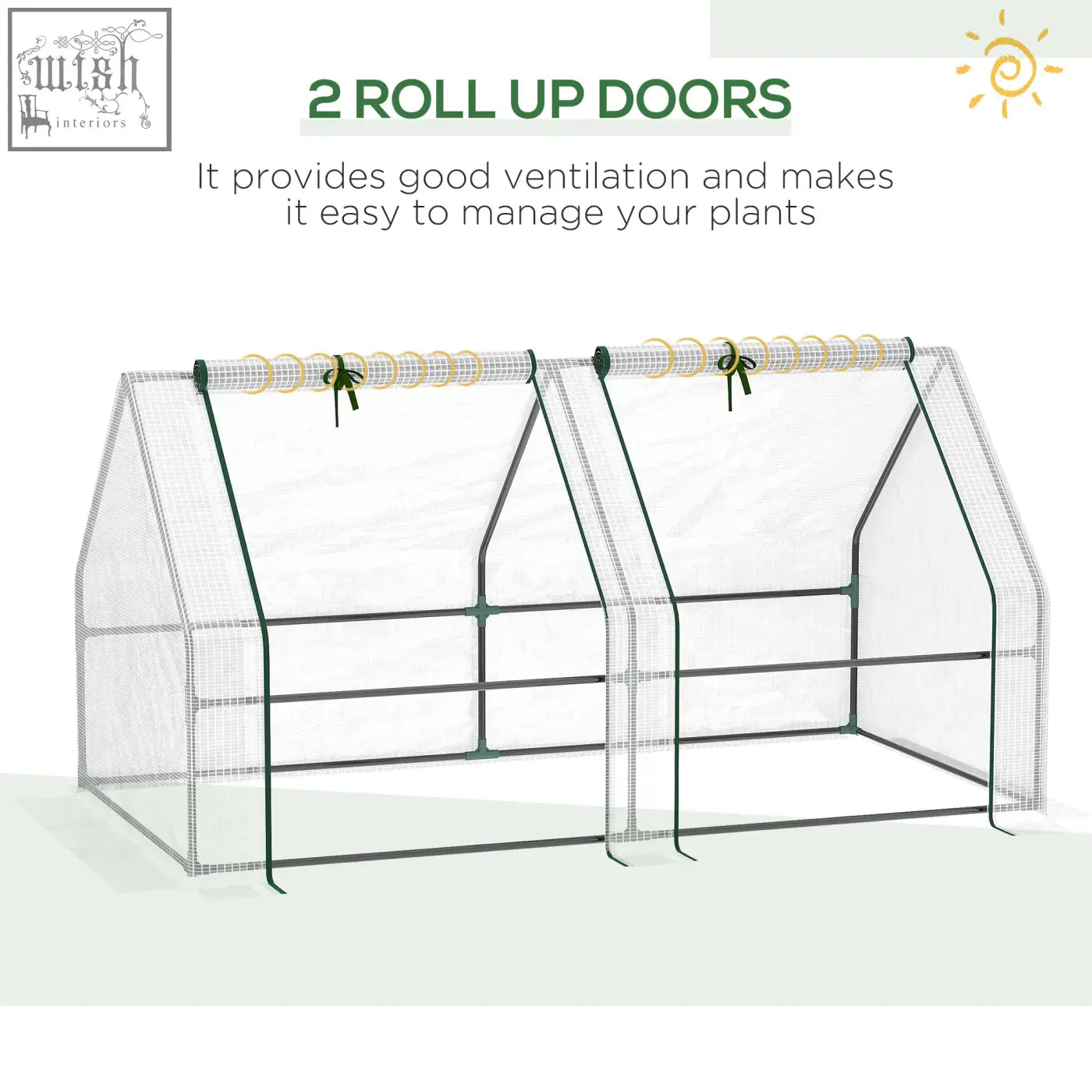 Outsunny mini small greenhouse with green steel frame and plastic mesh cover sides with two roll-up doors for plants