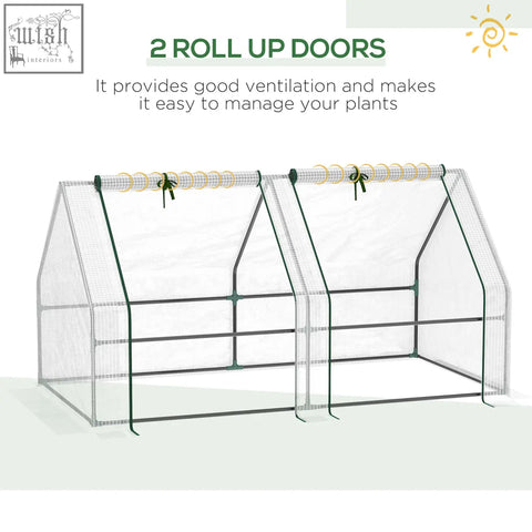 Outsunny mini small greenhouse with green steel frame and plastic mesh cover sides with two roll-up doors for plants