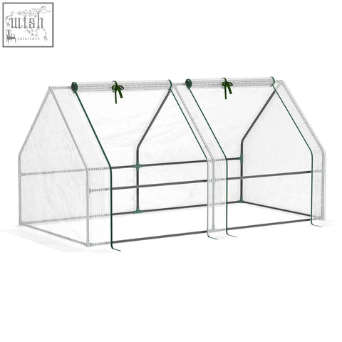 Green-framed outsunny mini greenhouse with steel frame and white plastic mesh cover for plants and vegetables