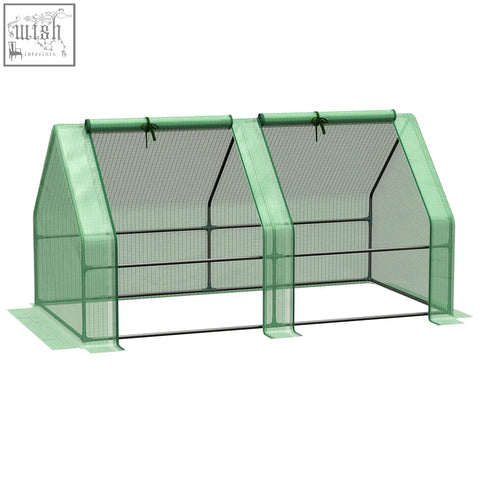 Outsunny mini small greenhouse with black metal frame and green plastic mesh cover for plants and vegetables