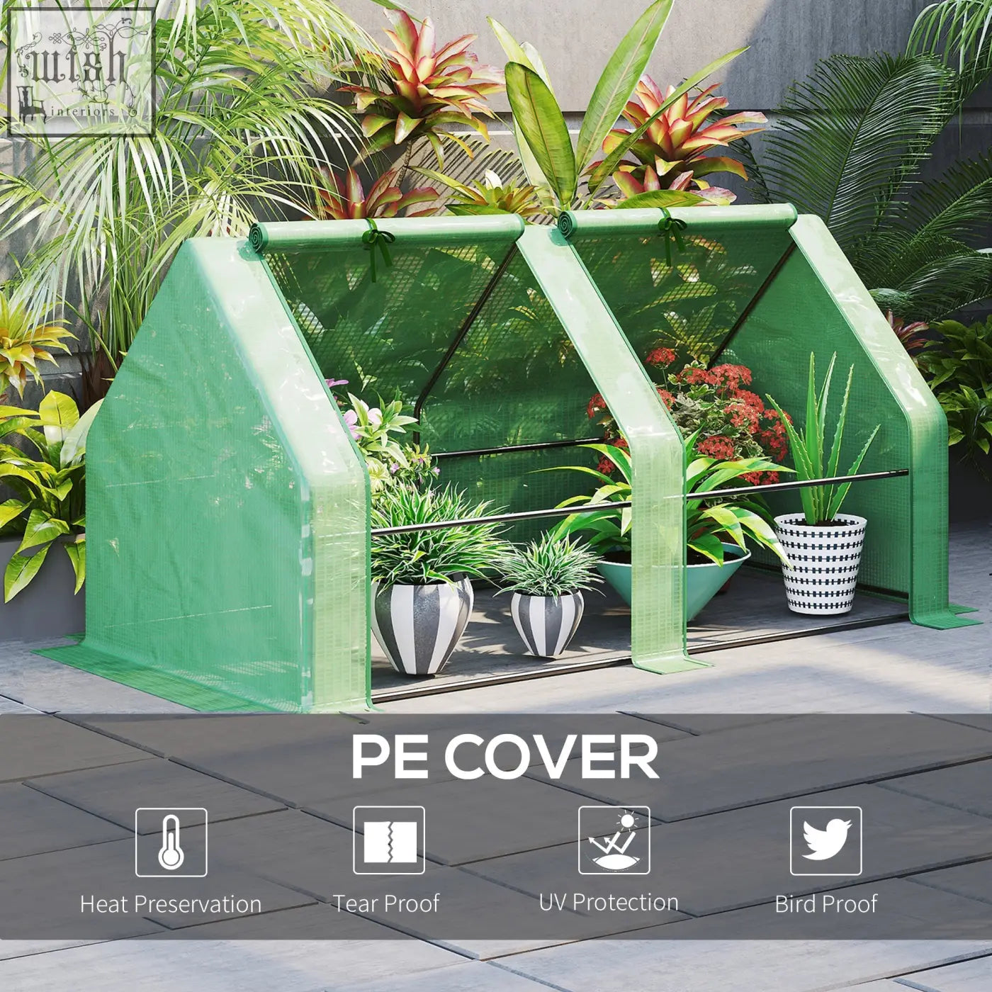 Green plastic greenhouse with steel frame and plastic mesh cover for plants and vegetables by Outsunny