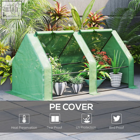 Green plastic greenhouse with steel frame and plastic mesh cover for plants and vegetables by Outsunny
