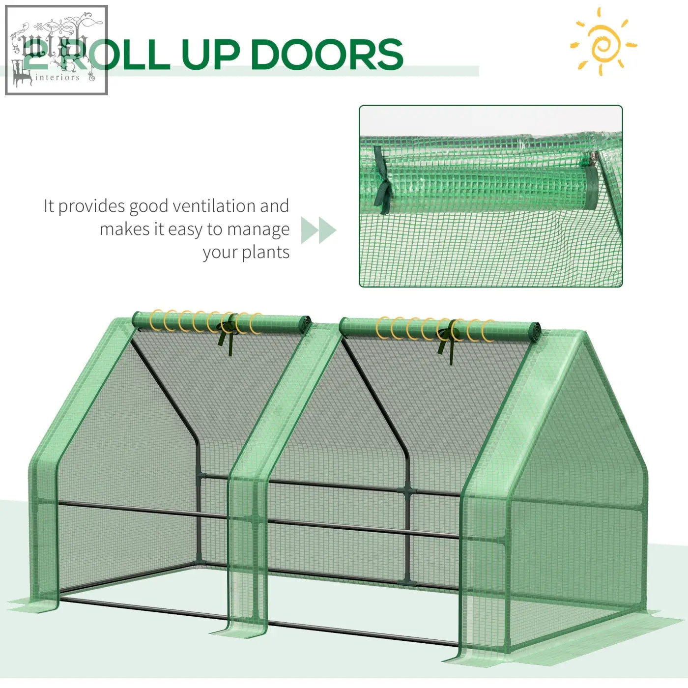 Outsunny mini small greenhouse with green plastic mesh cover and black steel frame roll-up garden doors for plants