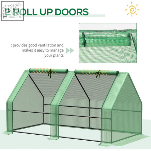 Outsunny mini small greenhouse with green plastic mesh cover and black steel frame roll-up garden doors for plants