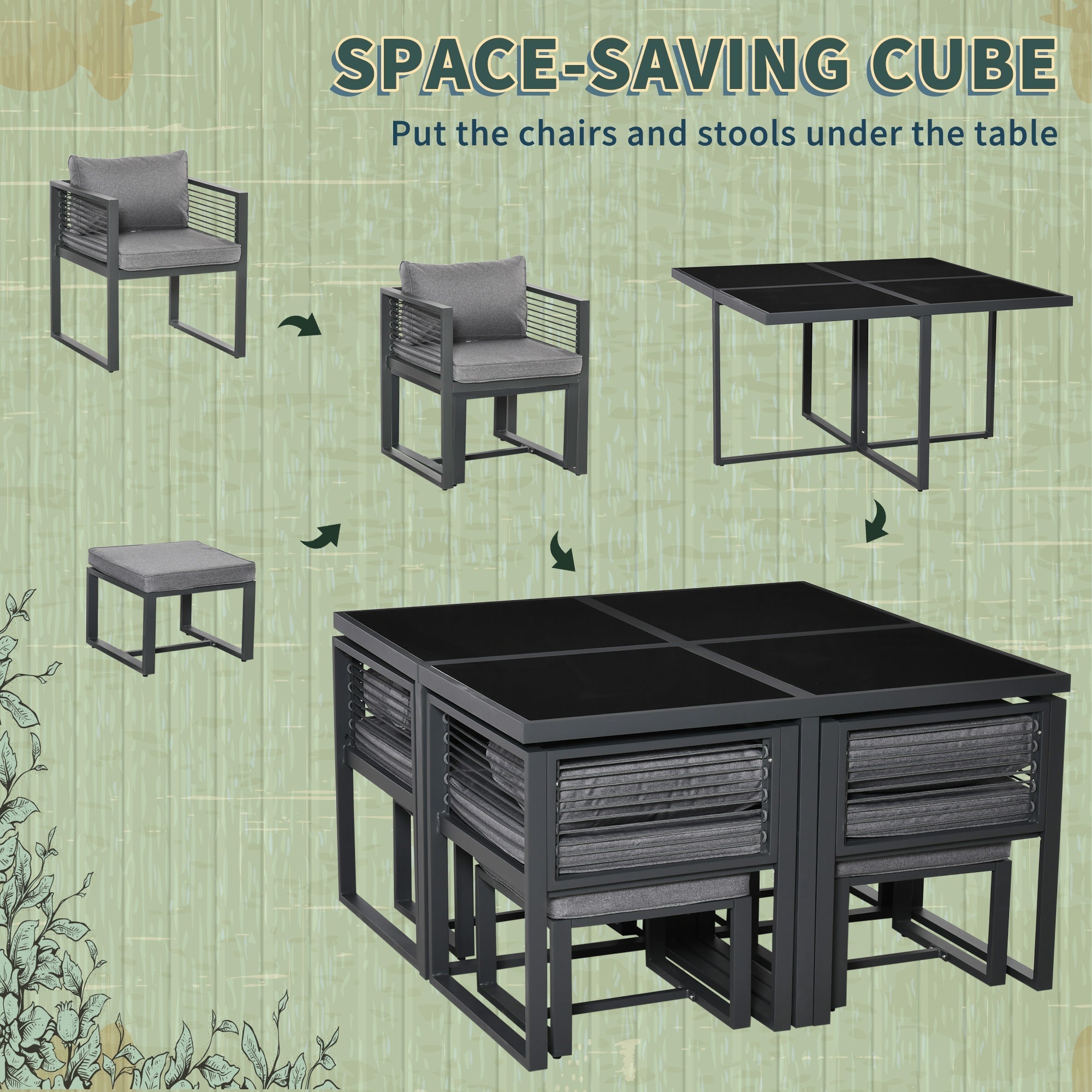 Outsunny nine-piece aluminium garden set in grey with black metal patio chairs and stools with storage under tempered glass table top 45w x 45d