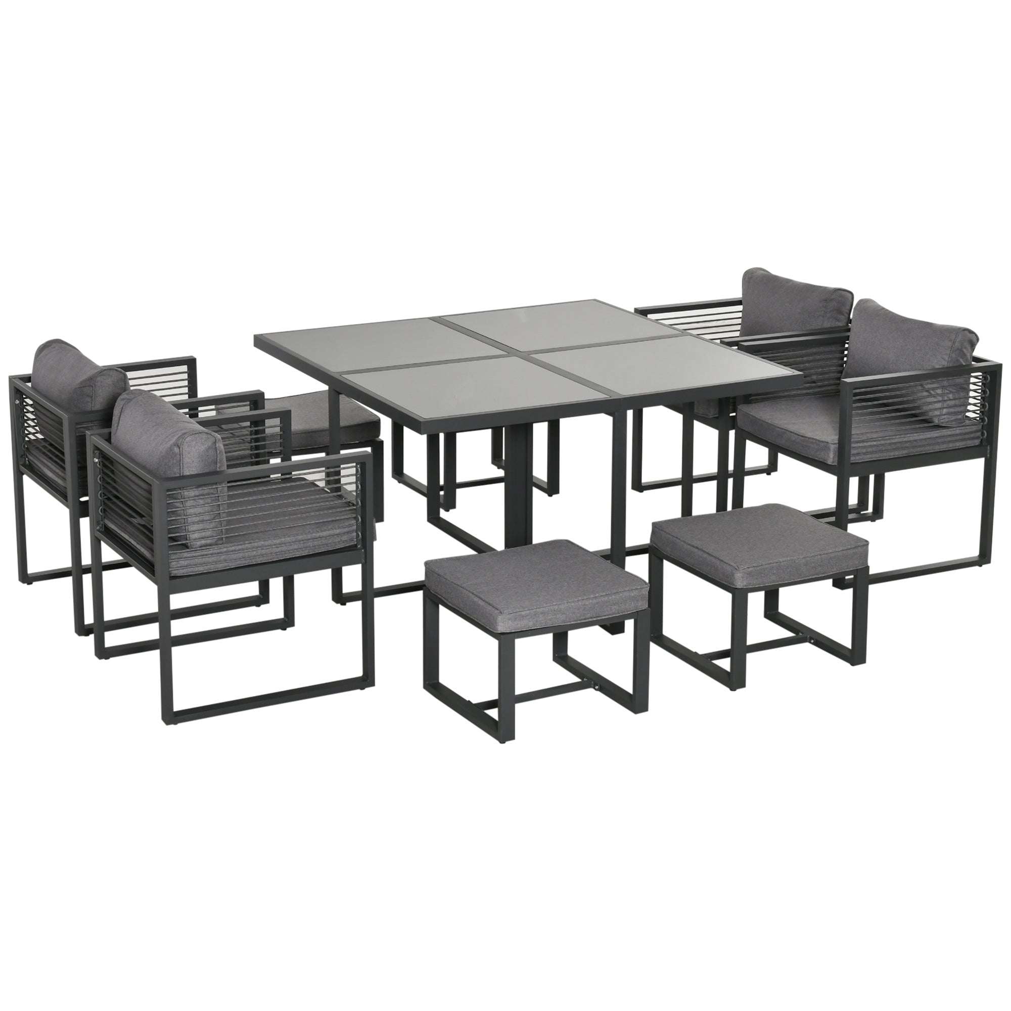 Outsunny nine-piece aluminium garden set with grey tempered glass-top table and dark grey cushions 45w x 45d cushion dimension