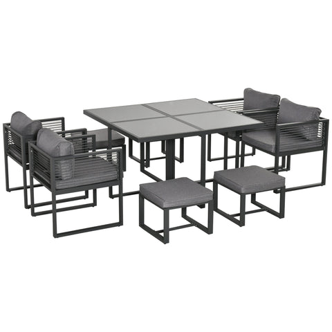 Outsunny nine-piece aluminium garden set with grey tempered glass-top table and dark grey cushions 45w x 45d cushion dimension