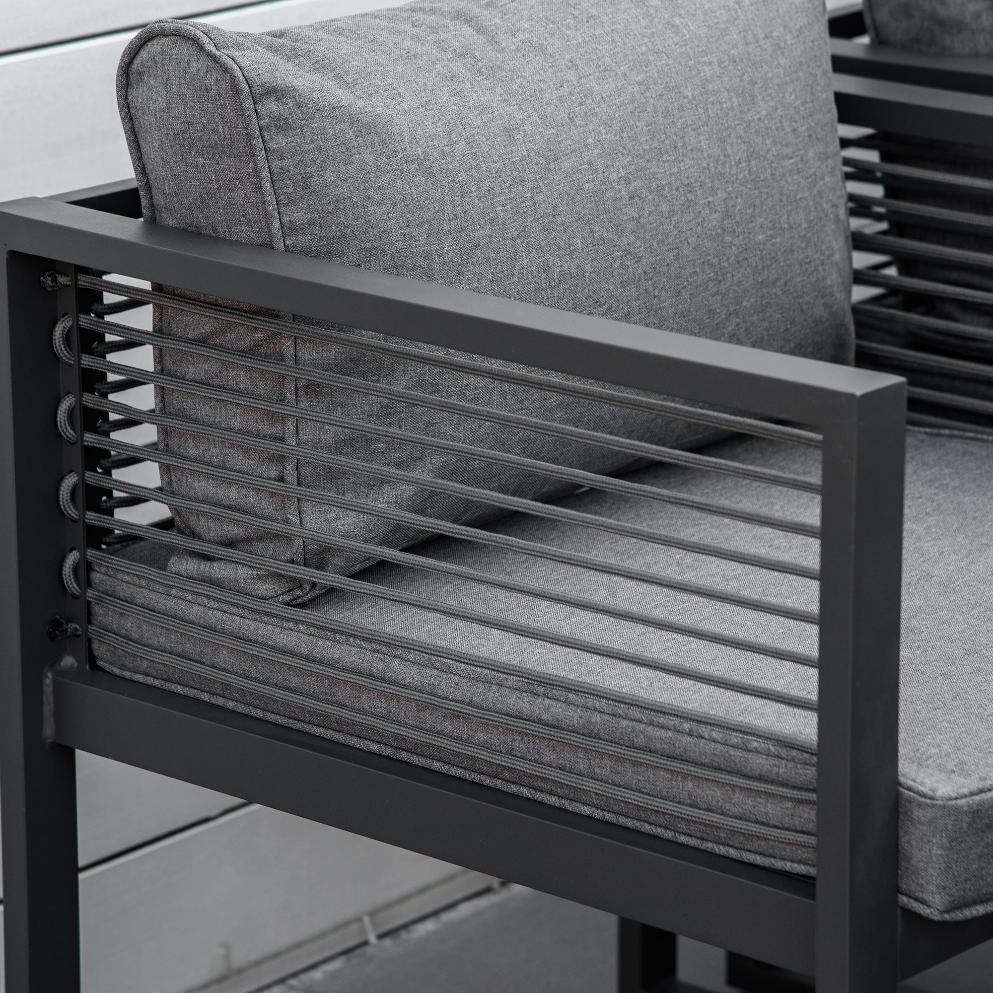 Gray textured fabric cushion 45w x 45d with modern metal frame in outsunny nine-piece aluminium garden set with tempered glass table