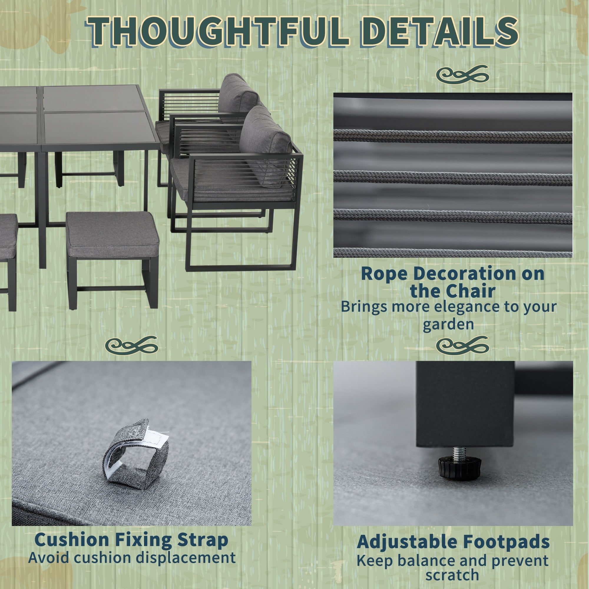 Outsunny nine-piece black metal patio set with gray cushions, rope chair detail, tempered glass table, 45w x 45d cushion dimension