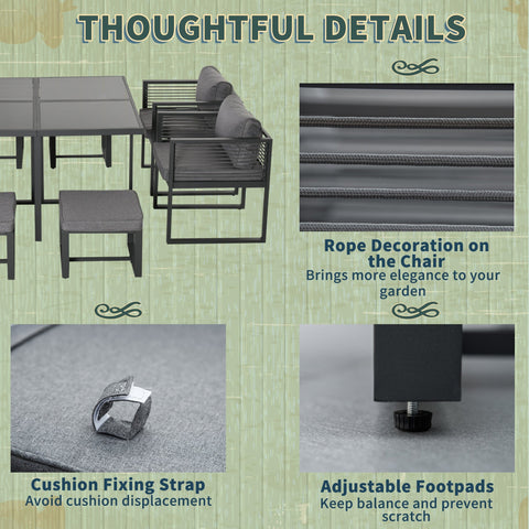 Outsunny nine-piece black metal patio set with gray cushions, rope chair detail, tempered glass table, 45w x 45d cushion dimension