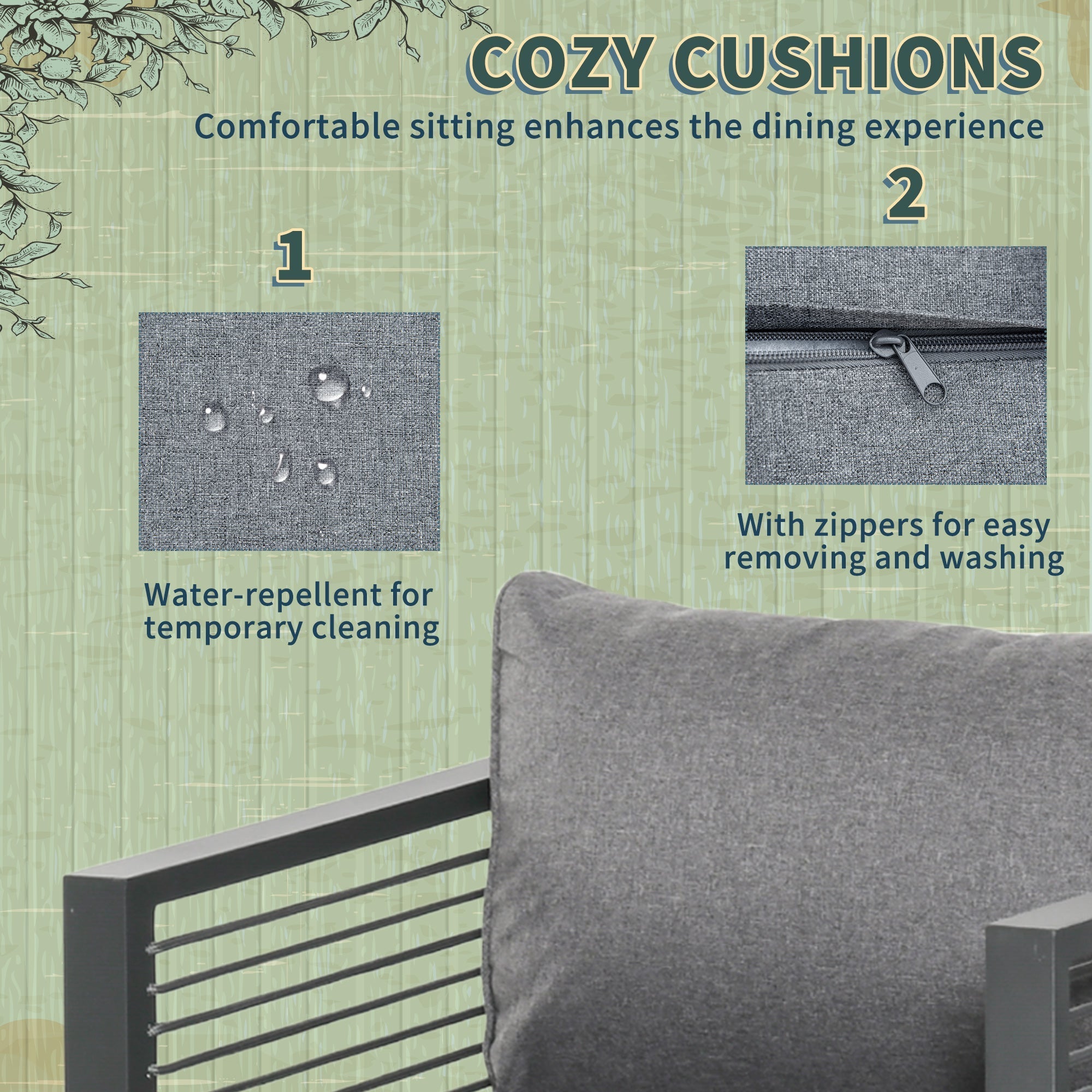 Gray textured outdoor cushion with zipper for easy washing in outsunny nine-piece aluminium garden set with tempered glass table 45w x 45d