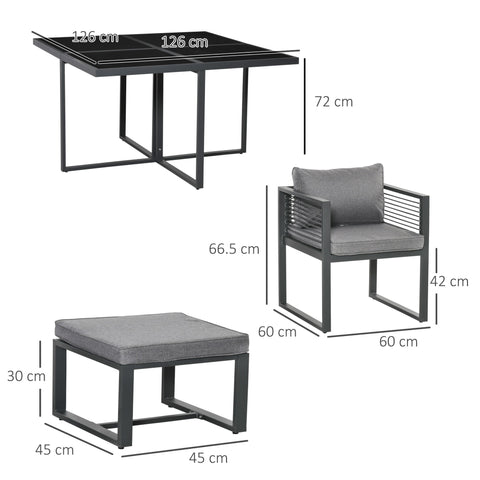 Modern outdoor patio set with gray cushioned armchair and ottoman 45w x 45d and tempered glass table top