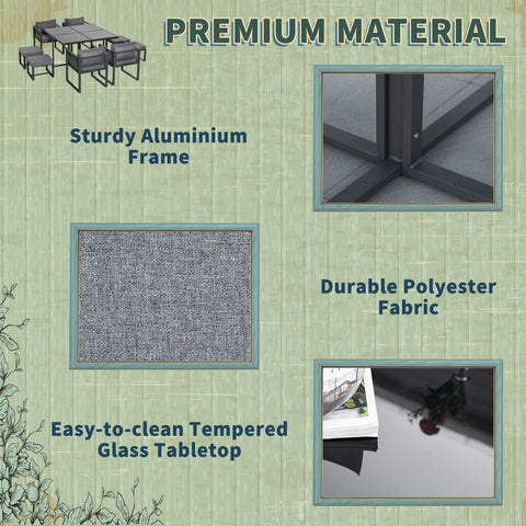 Outsunny nine-piece aluminium garden set with grey cushions 45w x 45d and tempered glass tabletop for outdoor use