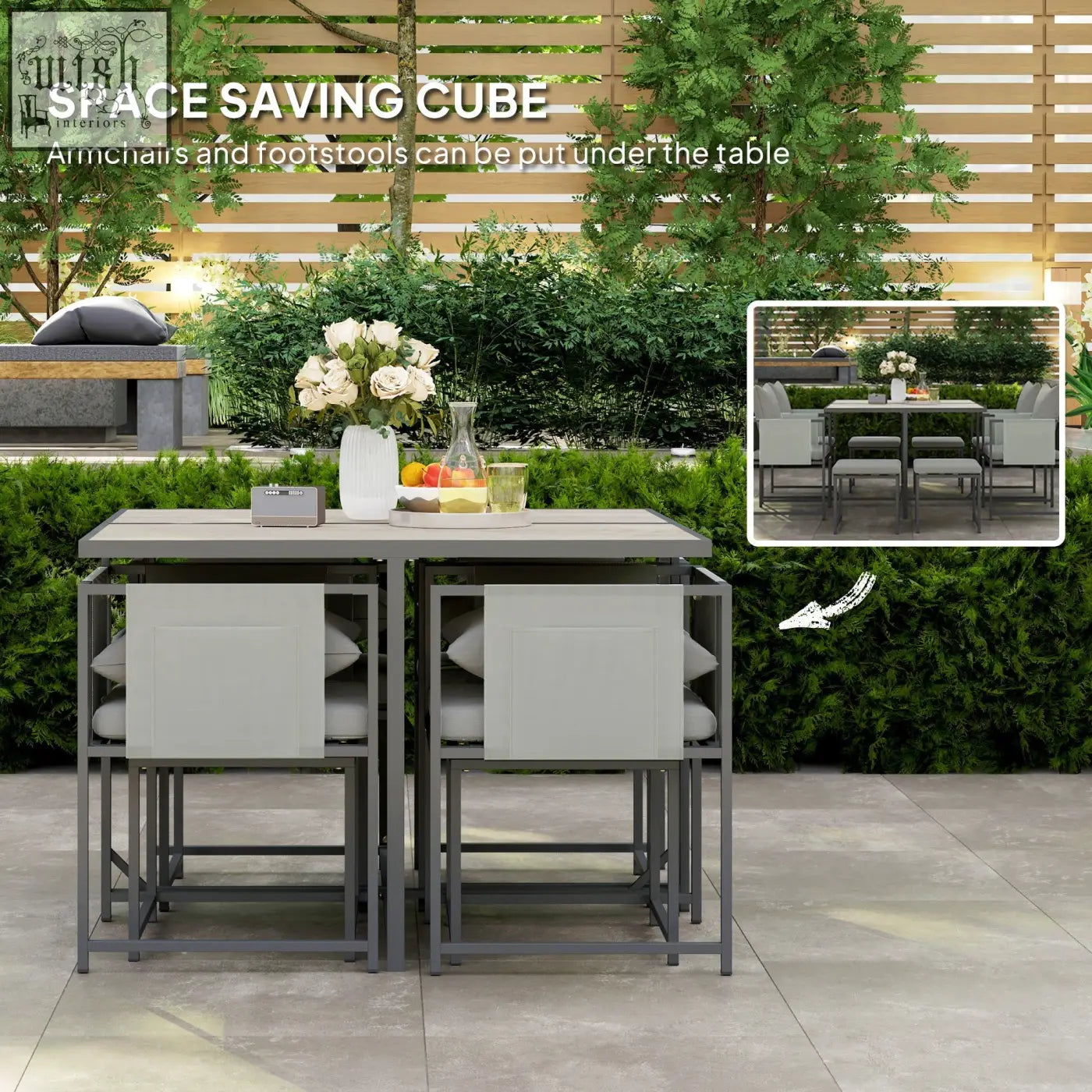 Gray metal frame table with integrated seating made of powder coated steel for outdoor use in outsunny garden set