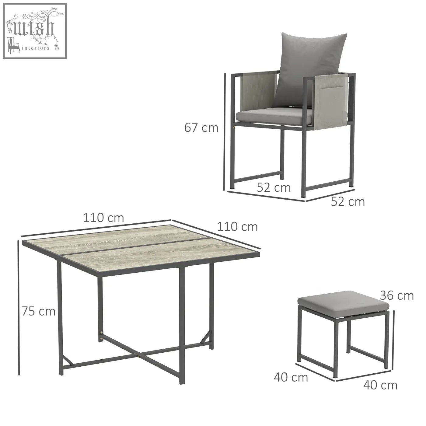Modern outdoor patio set with powder coated steel frames and weather-resistant wood grain top in soft grey fabric
