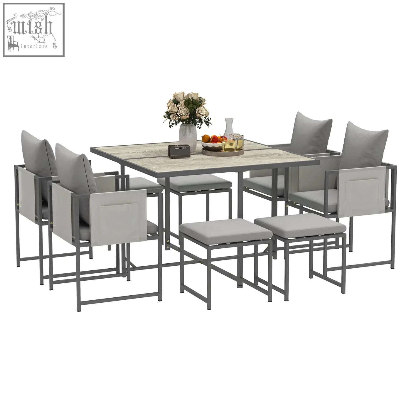 Modern gray nine-piece outdoor dining set with powder coated steel frames and upholstered cushions for garden use