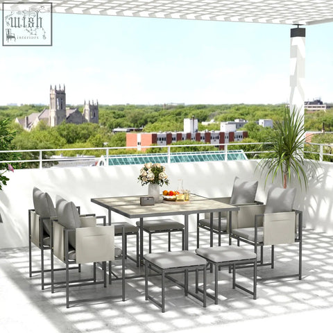Modern gray outdoor dining set with powder coated steel frames and cushioned seating by outsunny, nine-piece design