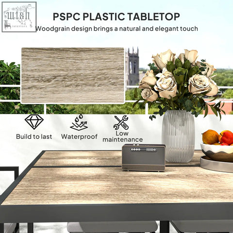 Outsunny nine-piece garden dining set with pspc plastic woodgrain tabletop and durable powder coated steel frames in grey