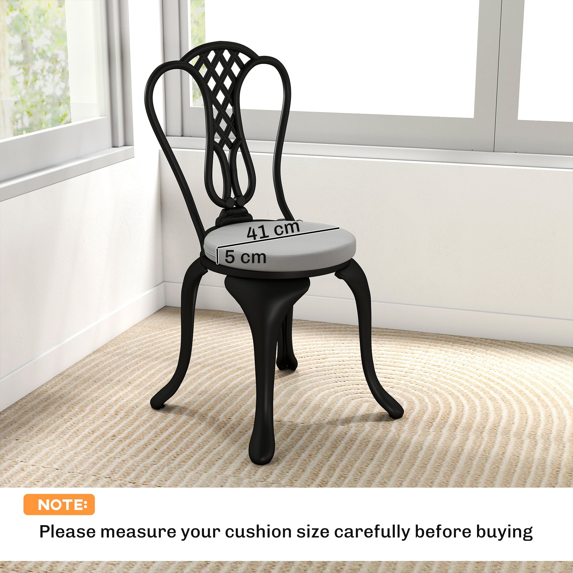 Black wrought iron outdoor seat with light grey Outsunny seat cushions featuring removable covers and ties