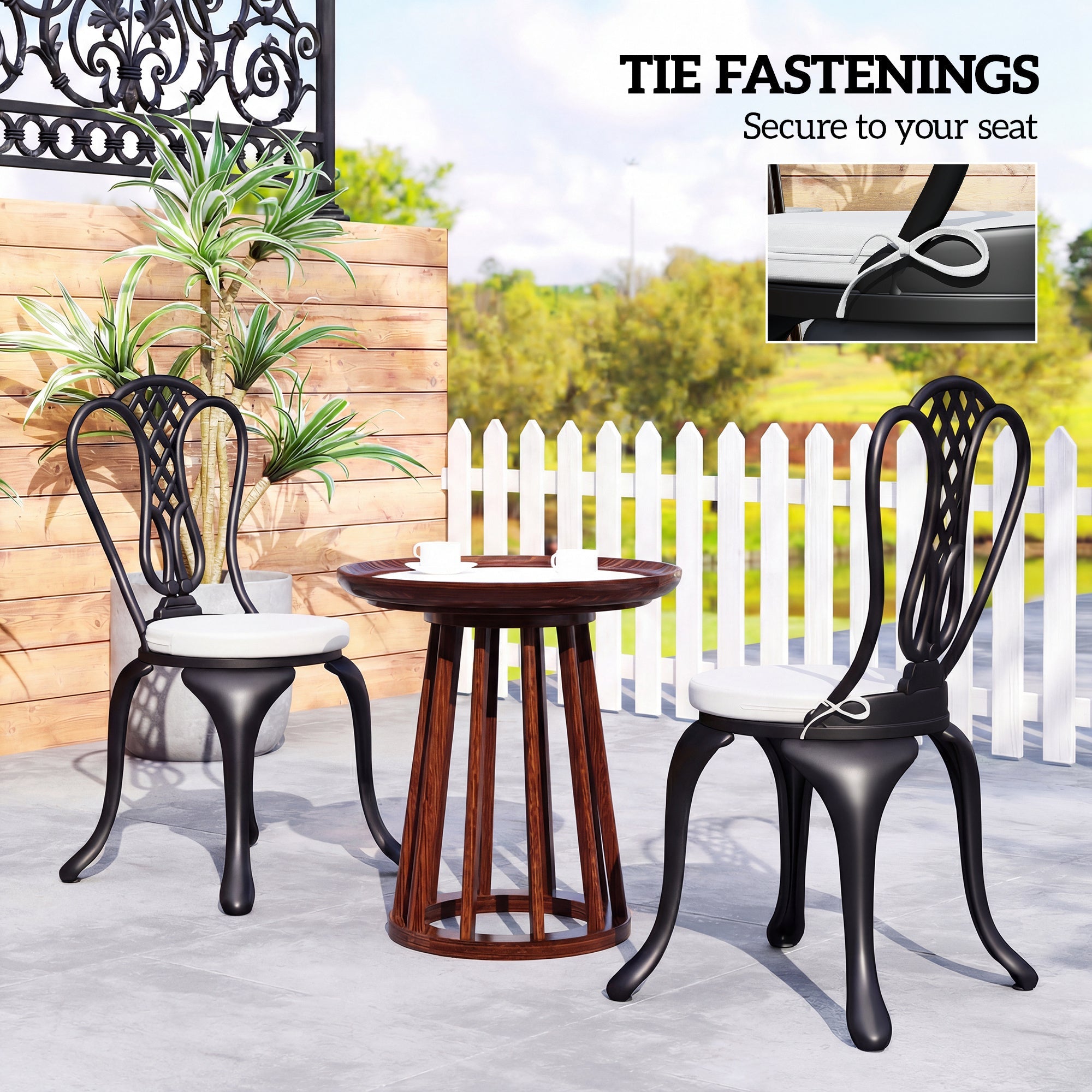 Black wrought iron patio chairs with white removable outdoor seat cushions for comfortable seating and stylish outdoor use