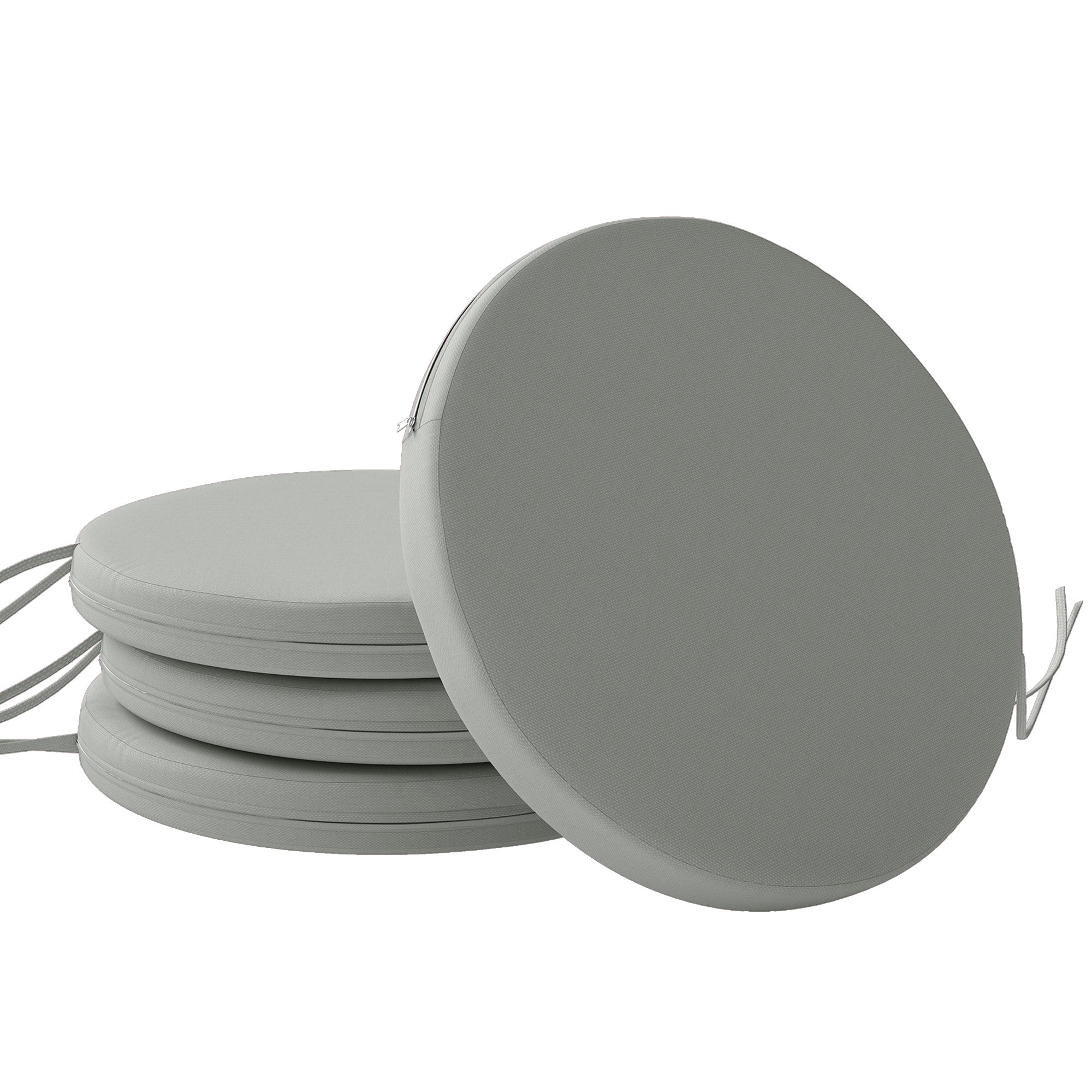Gray round outdoor seat cushion with soft fabric cover and ties for easy attachment perfect for outdoor seat cushions