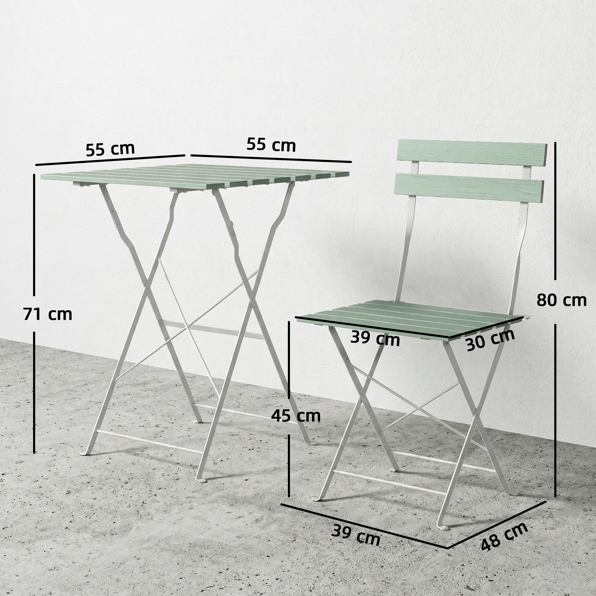 Minimalist outsunny outdoor bistro set with light green acacia wood slats and silver metal frame 39w x 48d