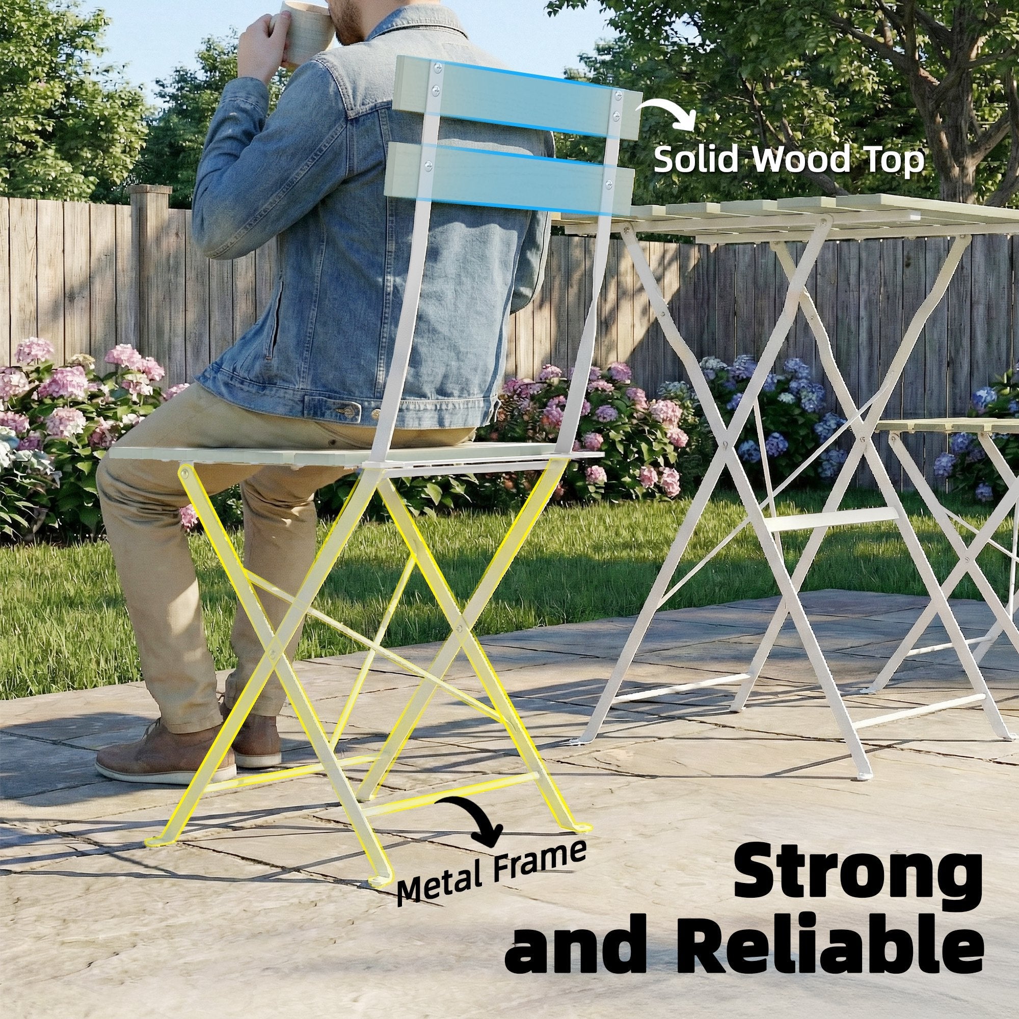A vibrant yellow and white foldable bistro set with acacia wood top measuring 39w x 48d for outdoor patio fun