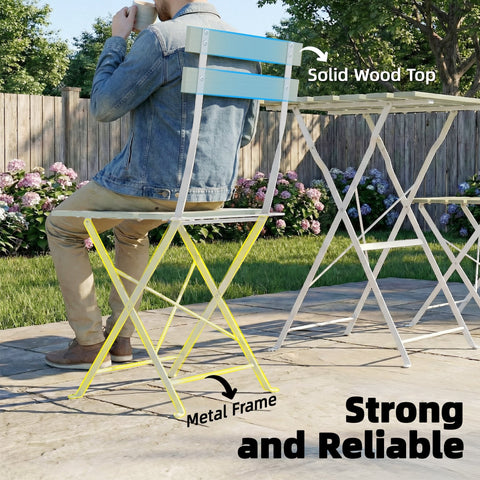 A vibrant yellow and white foldable bistro set with acacia wood top measuring 39w x 48d for outdoor patio fun