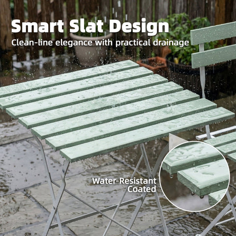 Outsunny outdoor bistro set with light green acacia wood smart slat table 39w x 48d and silver metal legs
