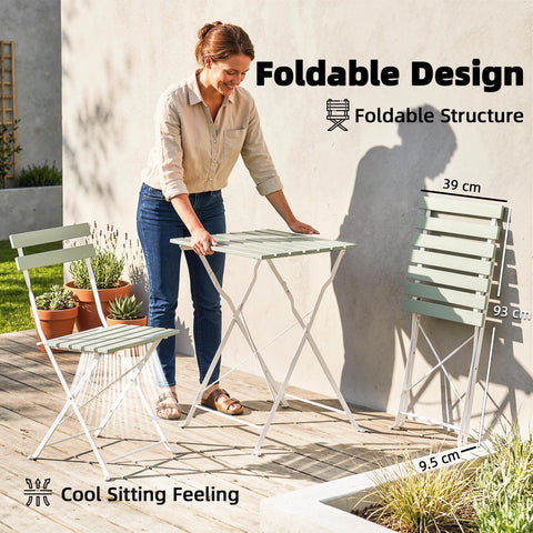 Outsunny outdoor bistro set with foldable light green and white acacia wood table 39w x 48d and two matching chairs