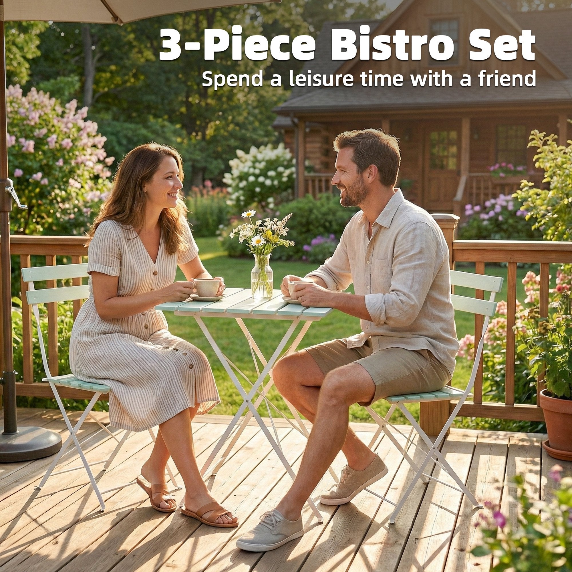 Light green metal bistro set with folding table and two chairs 39w x 48d perfect for outdoor patio use