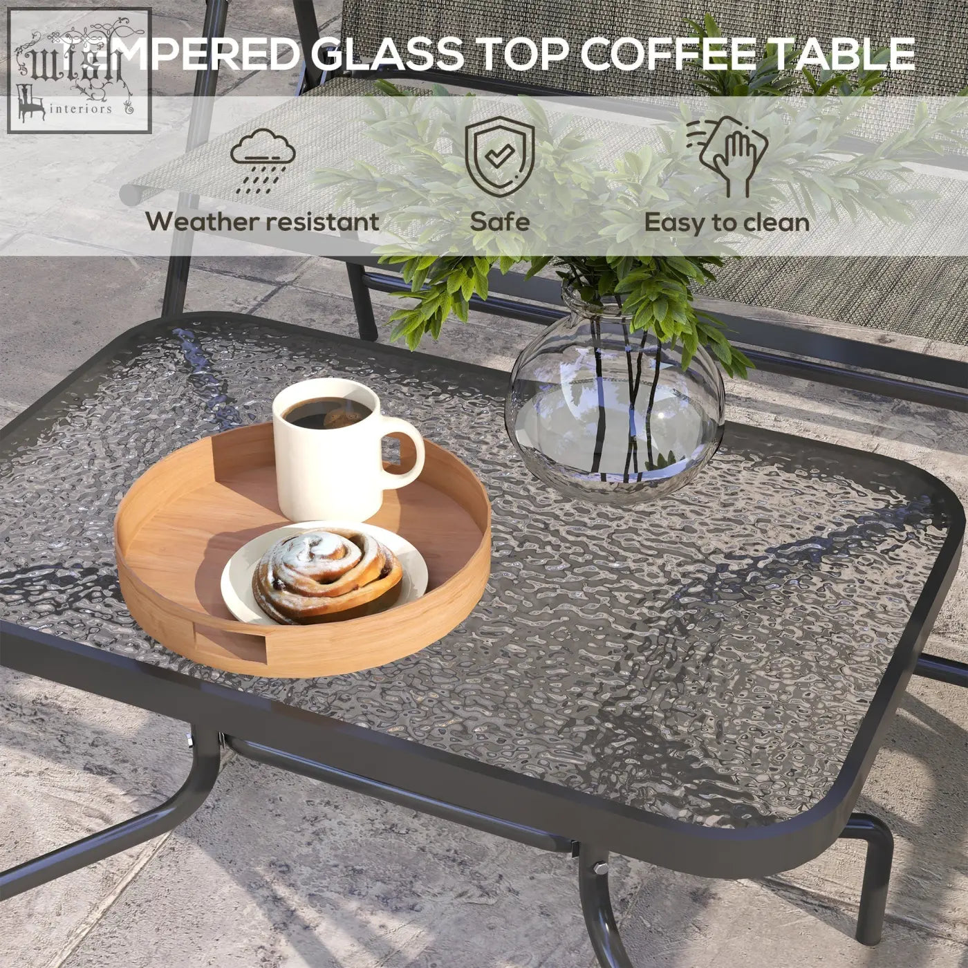 Tempered glass top coffee table with dark gray textured surface and black metal frame in outsunny breathable mesh fabric furniture set