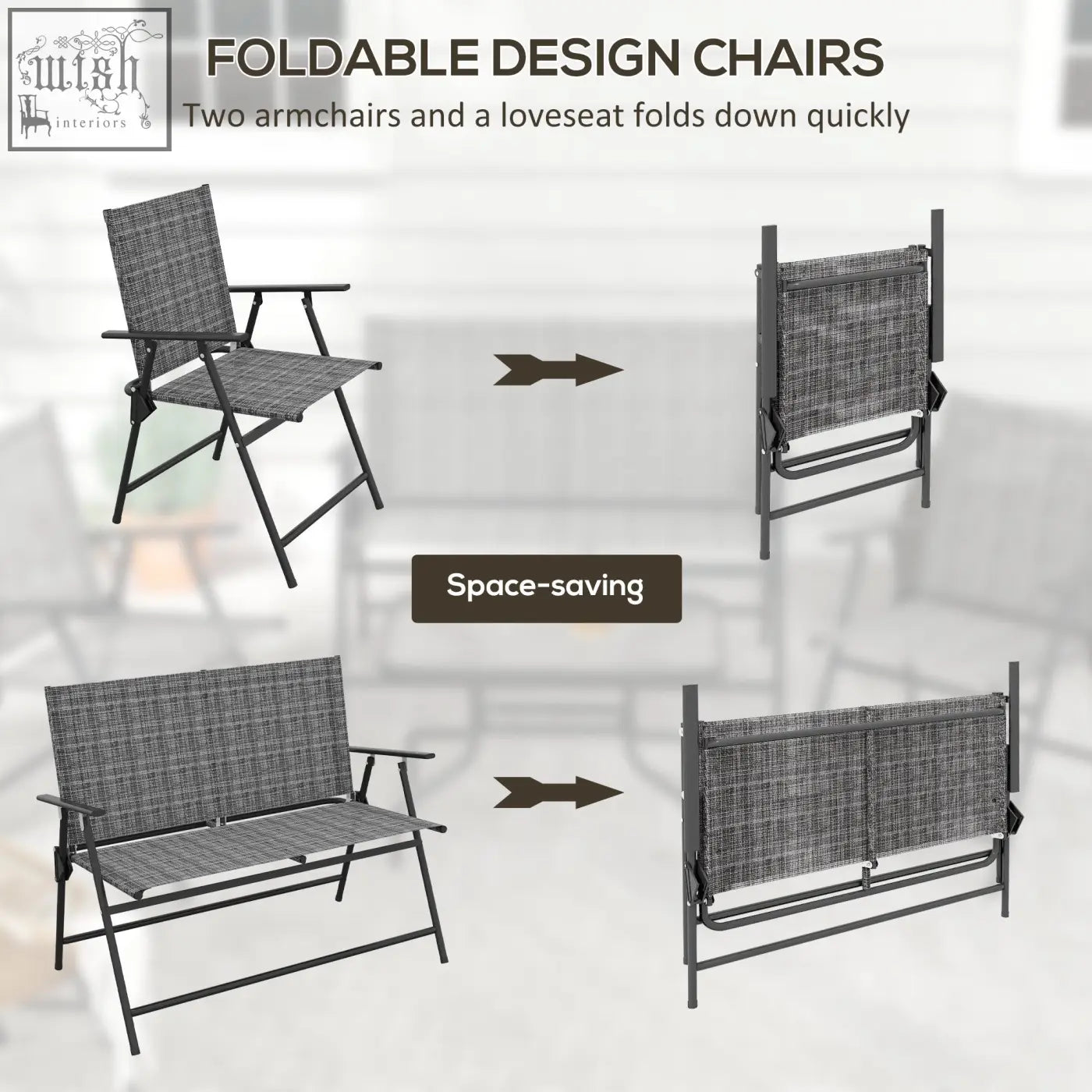 Set of three foldable outdoor chairs with breathable mesh fabric and black metal frames in dark gray