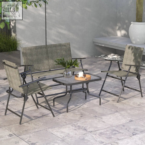 Gray woven wicker outdoor furniture set with breathable mesh fabric and black metal frames for patio use