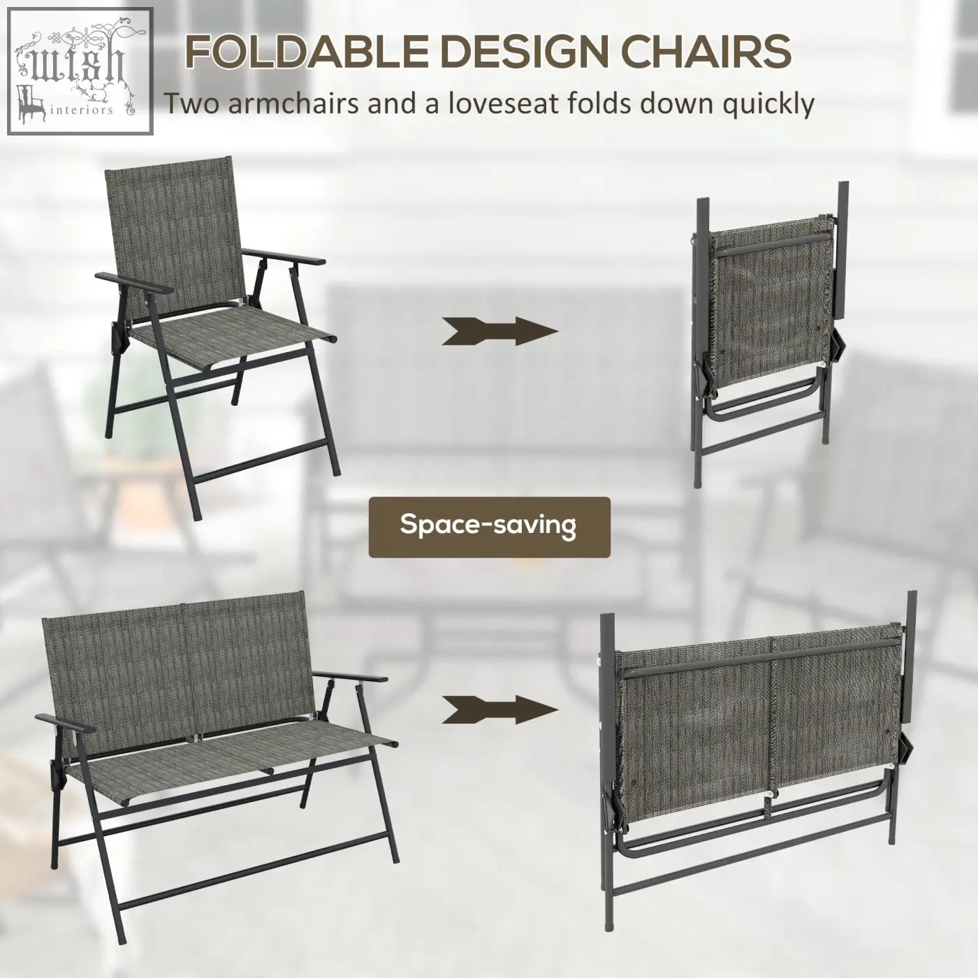 Gray woven fabric folding chairs with black metal frames featuring breathable mesh fabric from outsunny furniture set