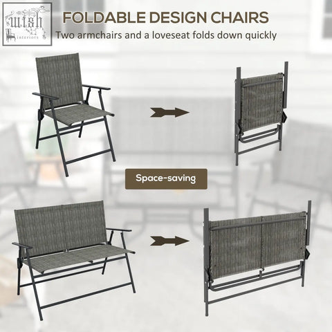 Gray woven fabric folding chairs with black metal frames featuring breathable mesh fabric from outsunny furniture set